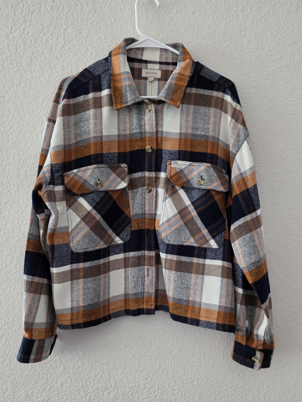 Brixton Plaid Button-Up Shacket in Navy, Rust & Cream